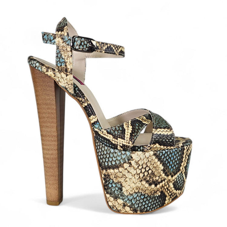 Genuine Leather Blue Snake Print Exotic High Heel Sandals