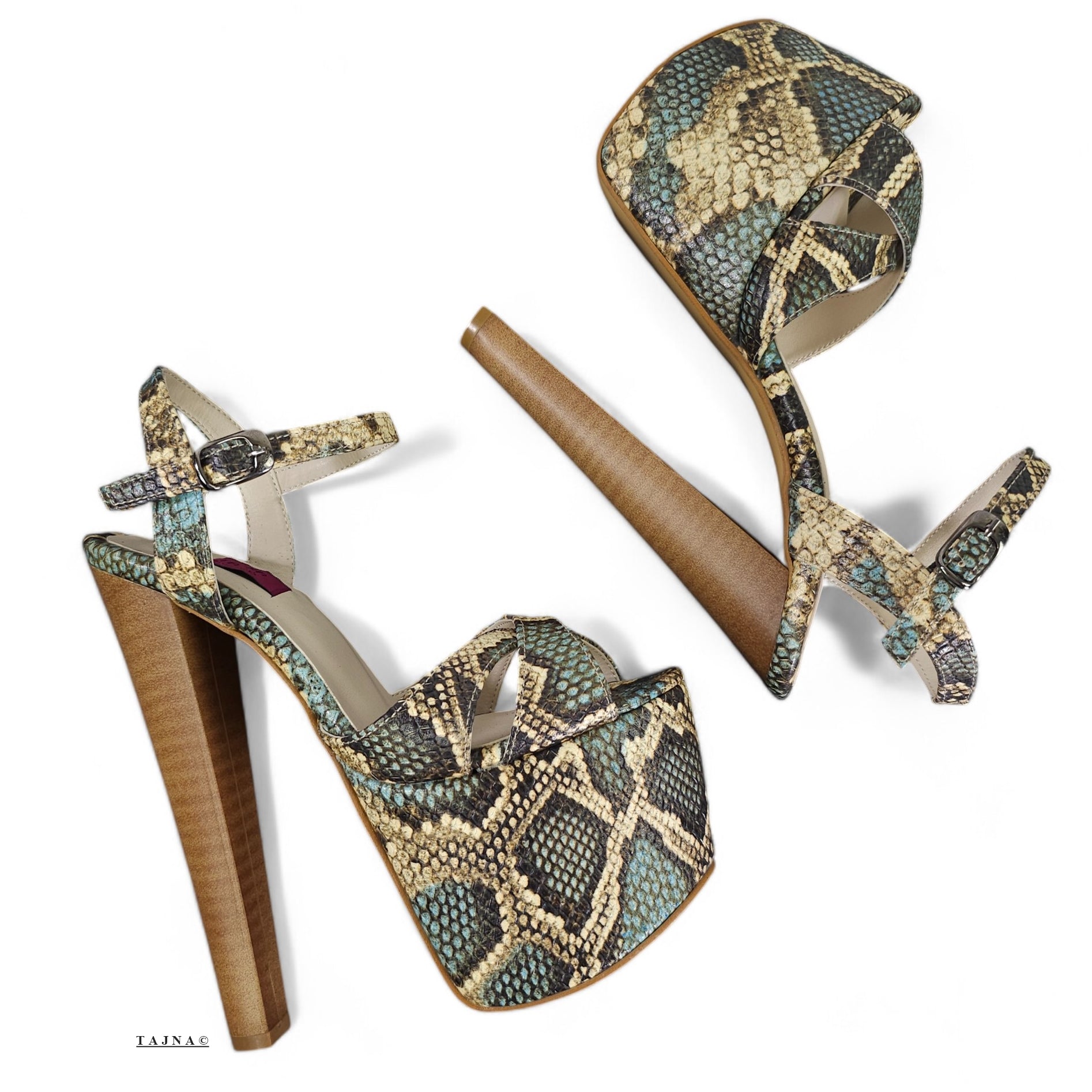 Genuine Leather Blue Snake Print Exotic High Heel Sandals