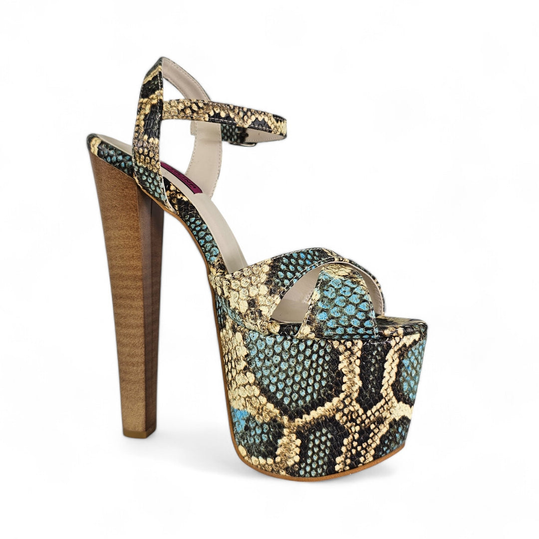 Genuine Leather Blue Snake Print Exotic High Heel Sandals