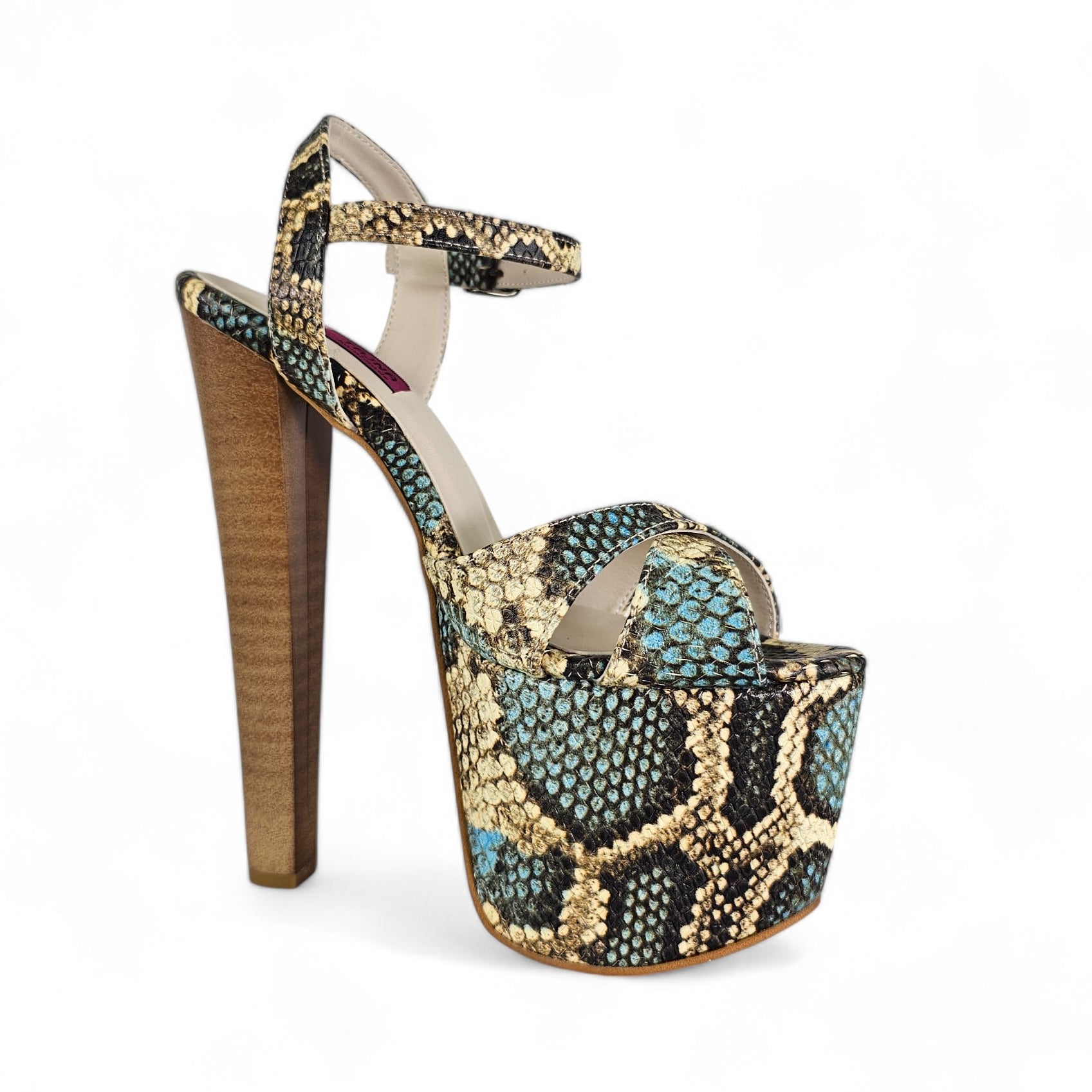 Genuine Leather Blue Snake Print Exotic High Heel Sandals