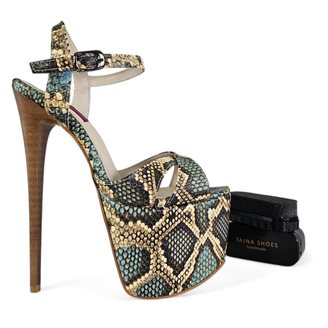 Genuine Leather Blue Snake Print Exotic High Heel Sandals