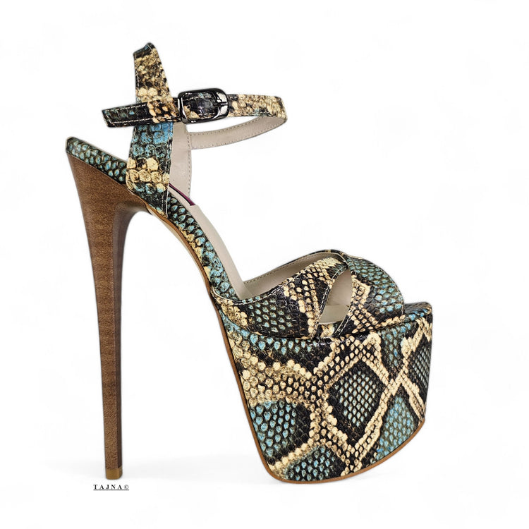 Genuine Leather Blue Snake Print Exotic High Heel Sandals