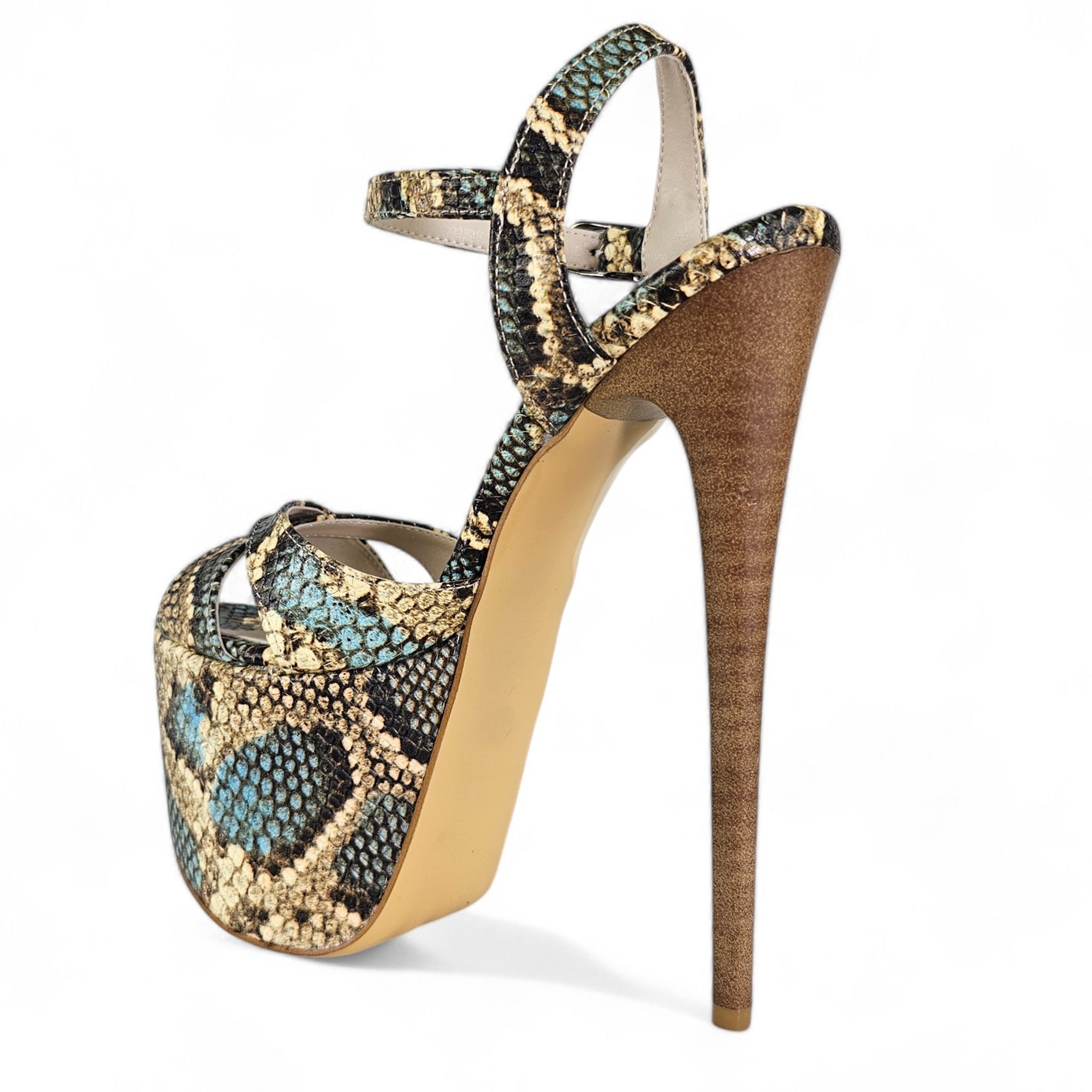 Genuine Leather Blue Snake Print Exotic High Heel Sandals