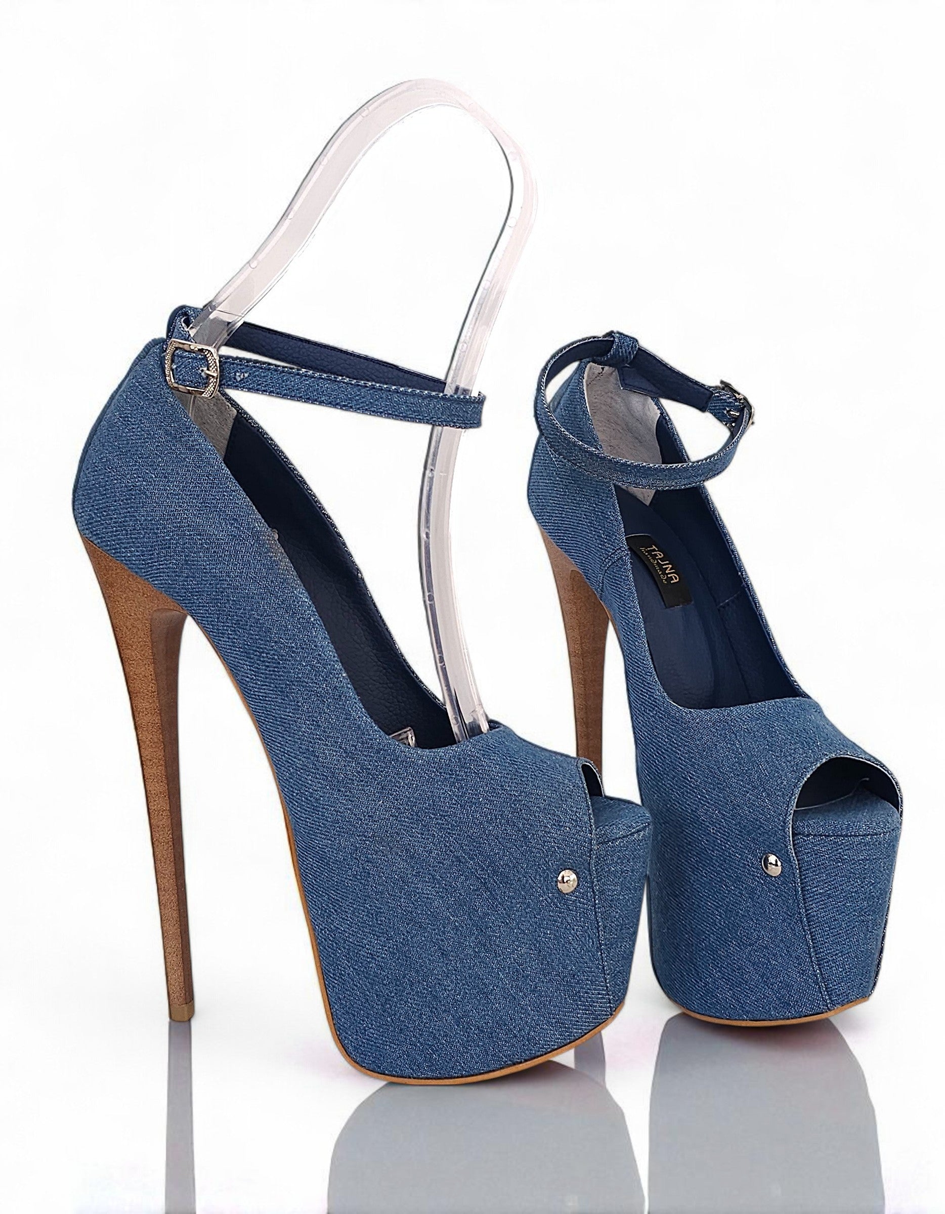 Blue denim high-heeled shoes with open-toe design on a white background
