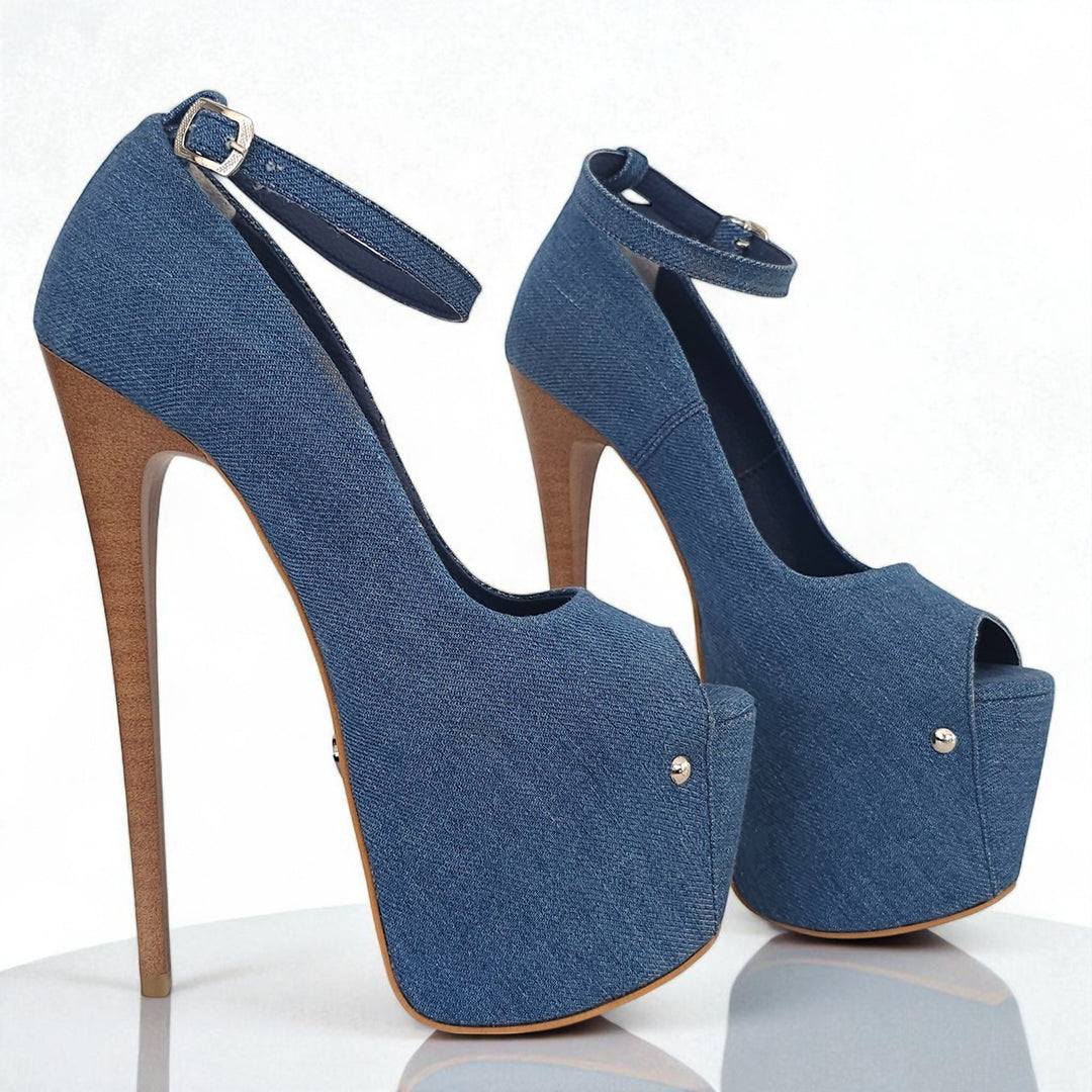 Blue high-heeled shoes with platform sole on a white background