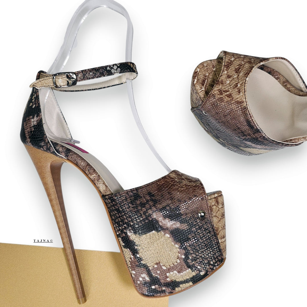 Dark Brown Exotic Snake Print High Heels