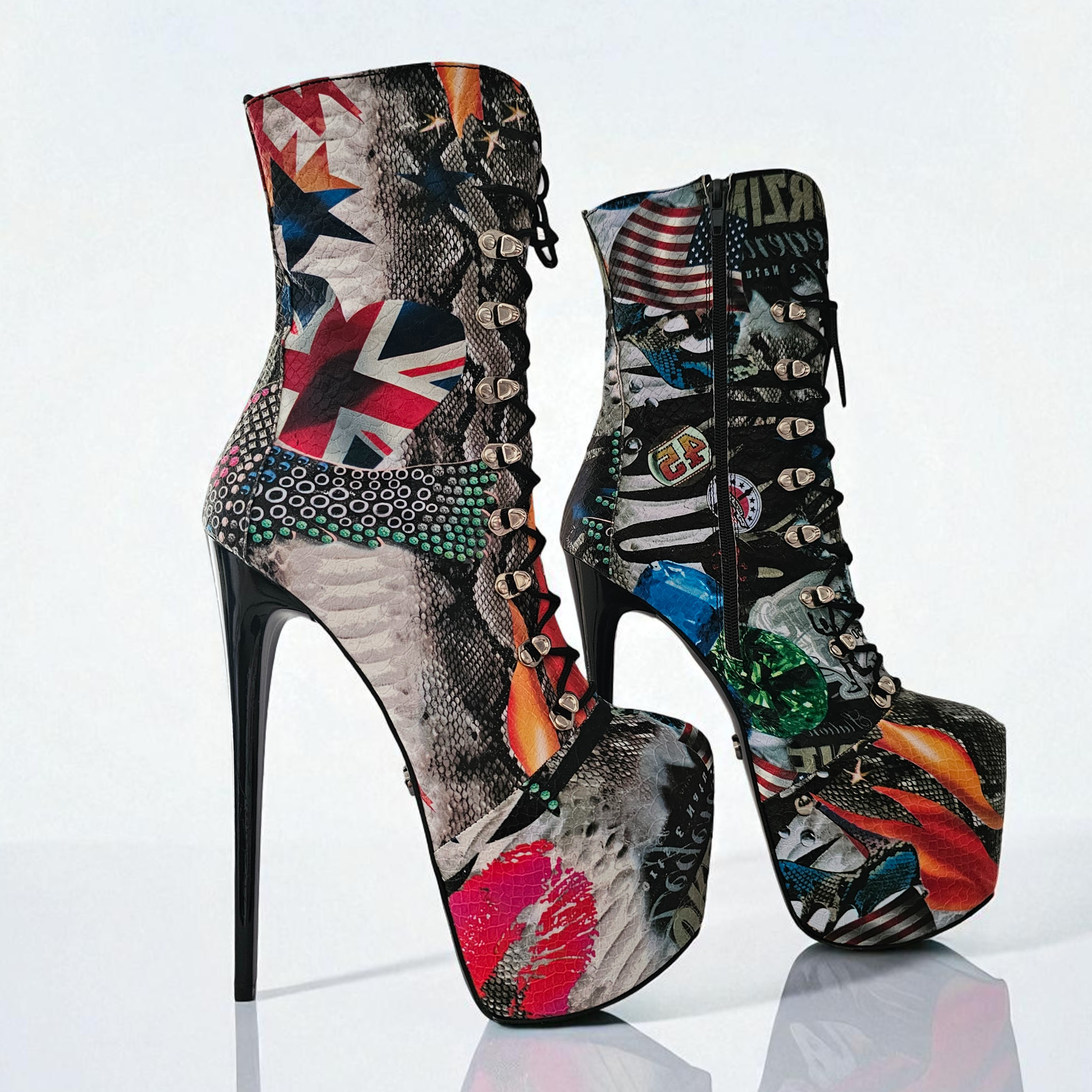 Flag Print Rock n Roll Ankle Combat Boots