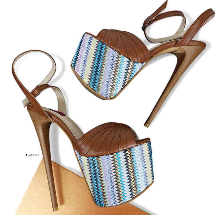 Tobacco Brown Blue Ethnic Detail High Heel Sandals