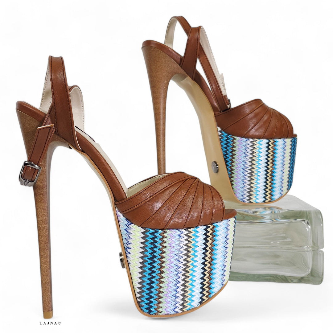 Tobacco Brown Blue Ethnic Detail High Heel Sandals