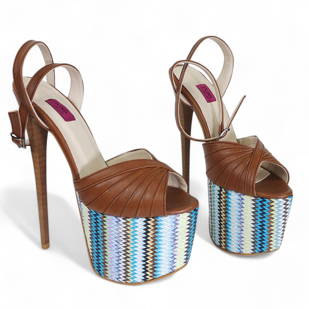 Tobacco Brown Blue Ethnic Detail High Heel Sandals