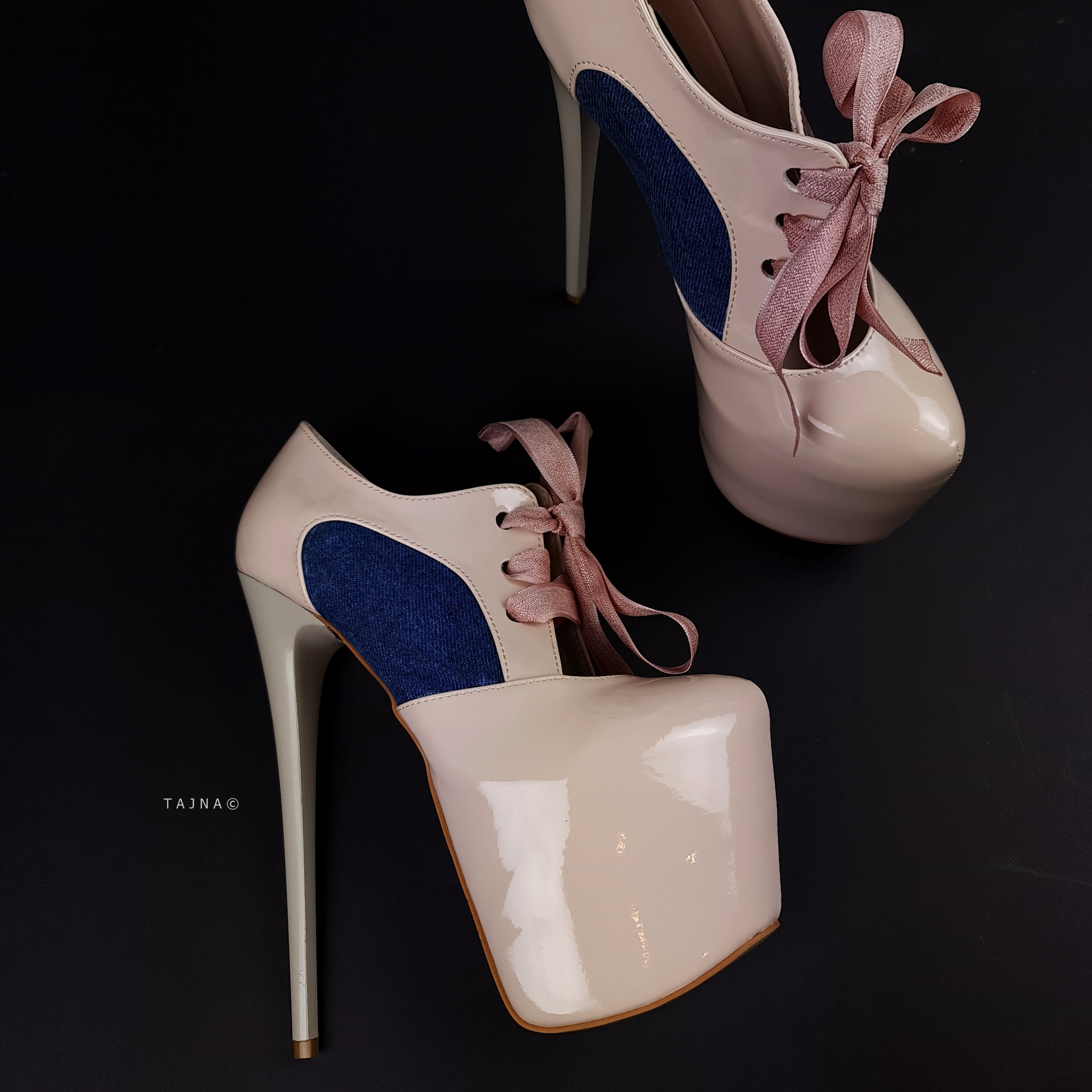 Cream Nude Gloss Jean Detail Ankle Cut Heels