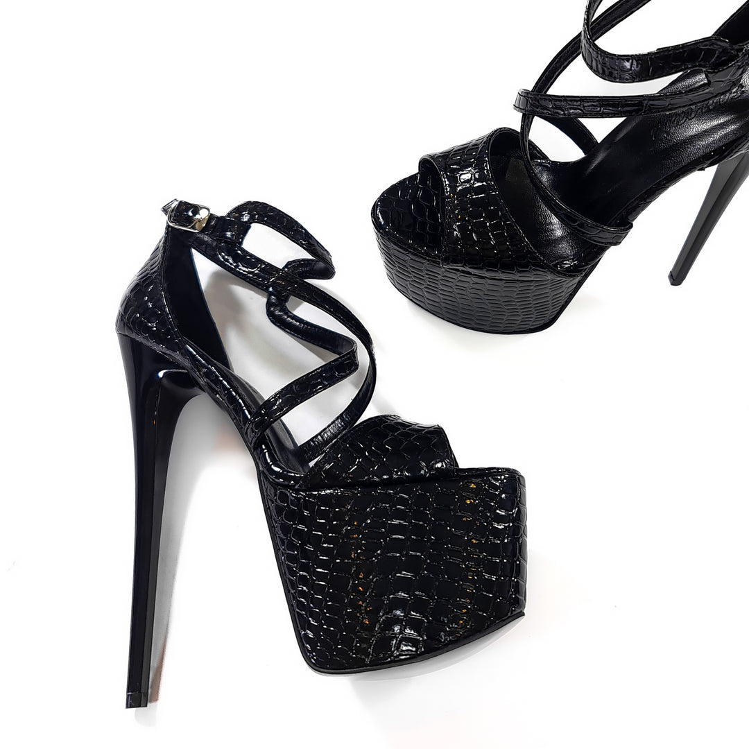 Black Shiny Croco Print High Heel Sandals