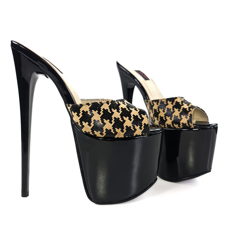 Houndstooth Leather High Heel Mules