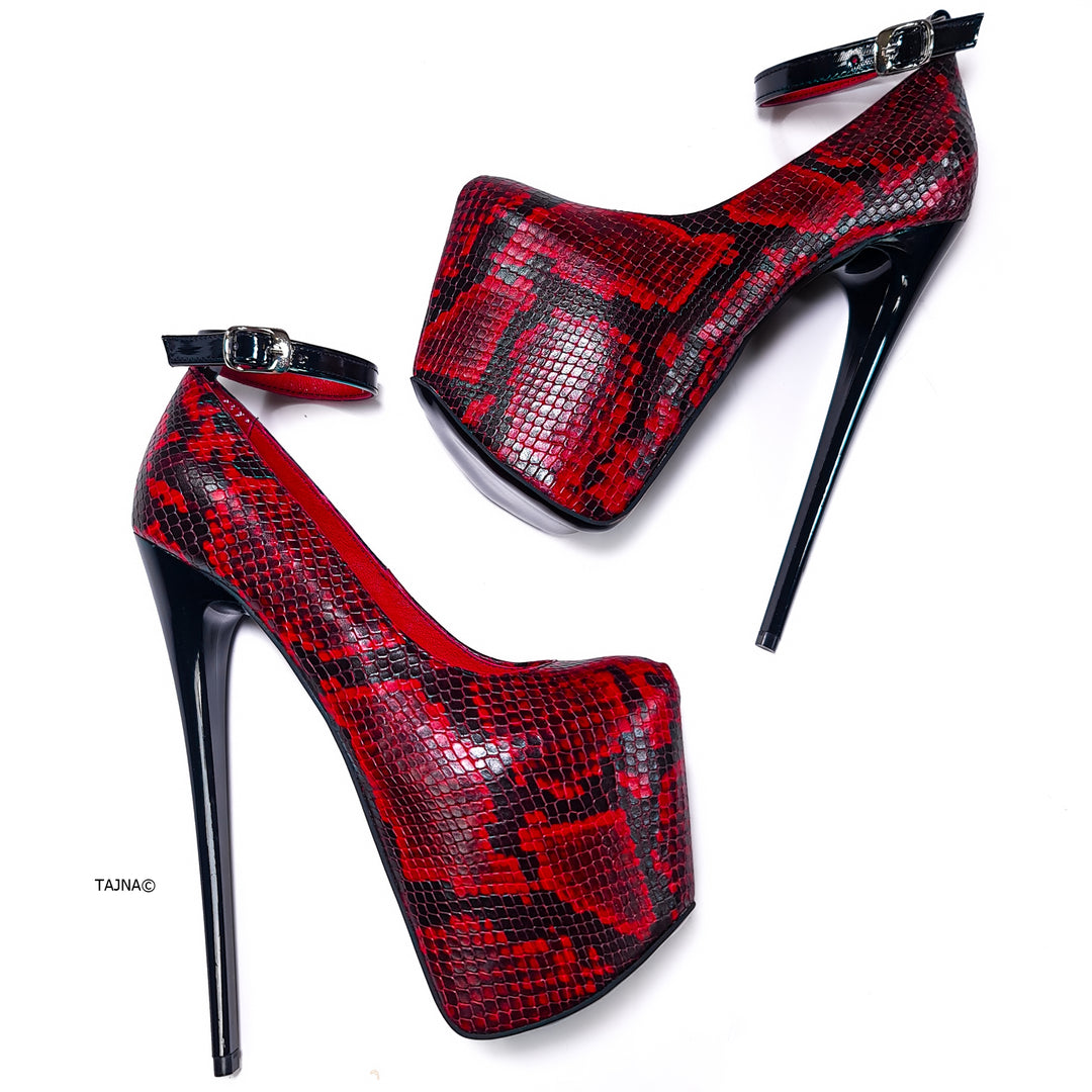 Dark Red & Black Leather Ankle Strap Heels