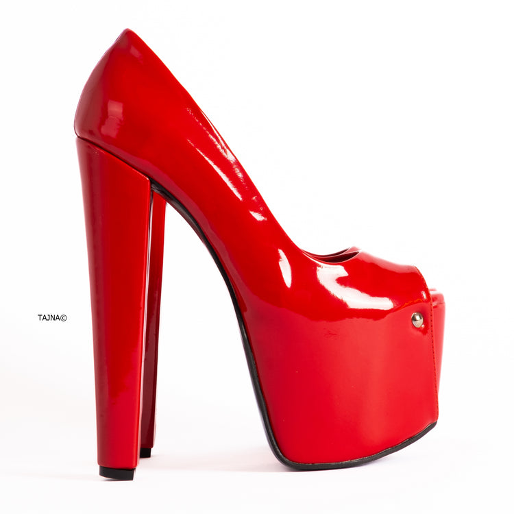 Red Gloss Peep Toe Chunky High Heels