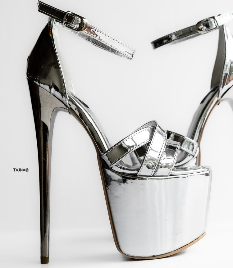 Silver Mirror Metallic High Heels Sandals