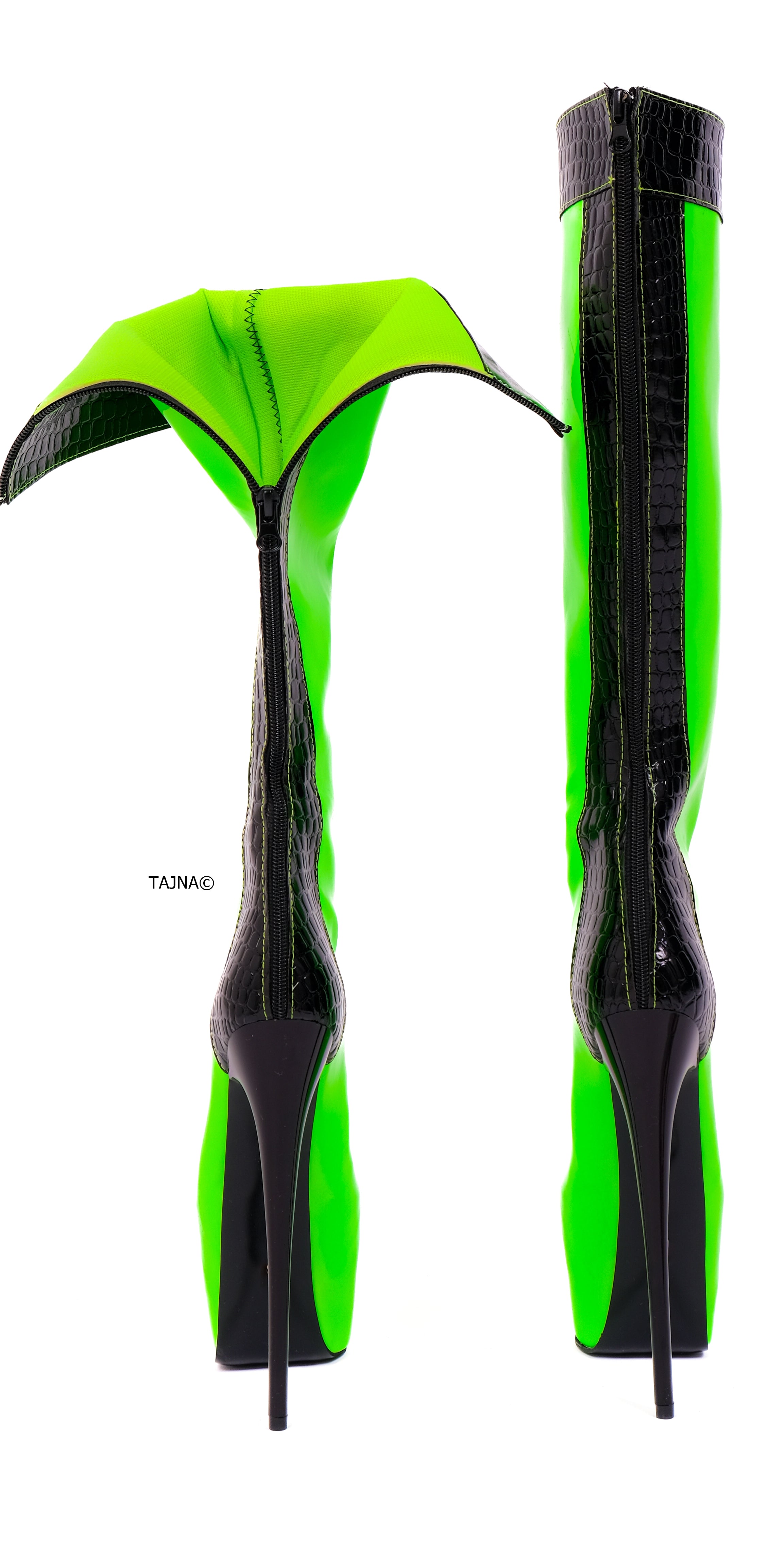 Green Neon Black High Heel Midcalf Boots