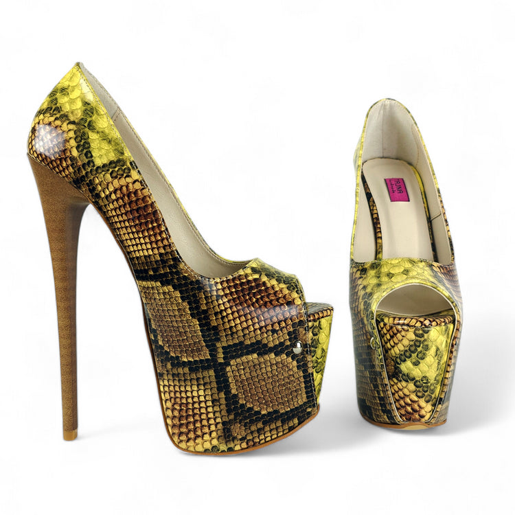 Vegan Mustard Snake Print Pencil High Heel Pumps