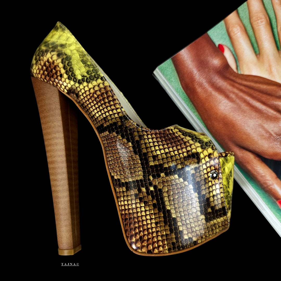 Vegan Mustard Snake Print High Heel Pumps Peep Toe