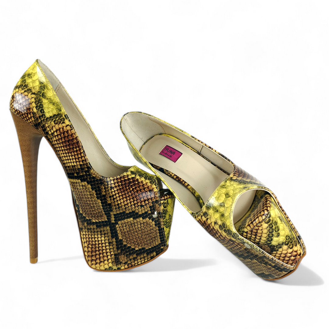 Vegan Mustard Snake Print Pencil High Heel Pumps