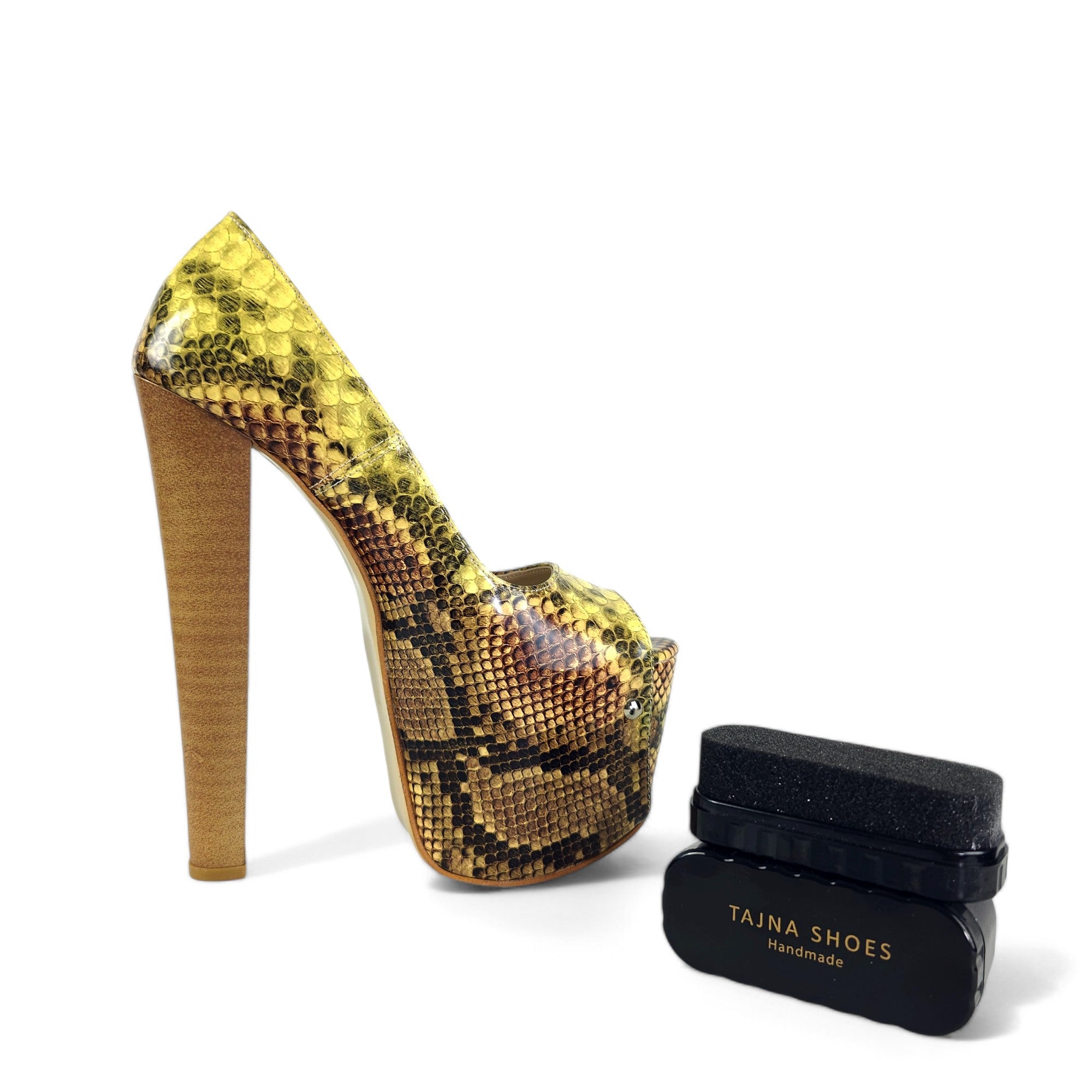 Vegan Mustard Snake Print High Heel Pumps Peep Toe