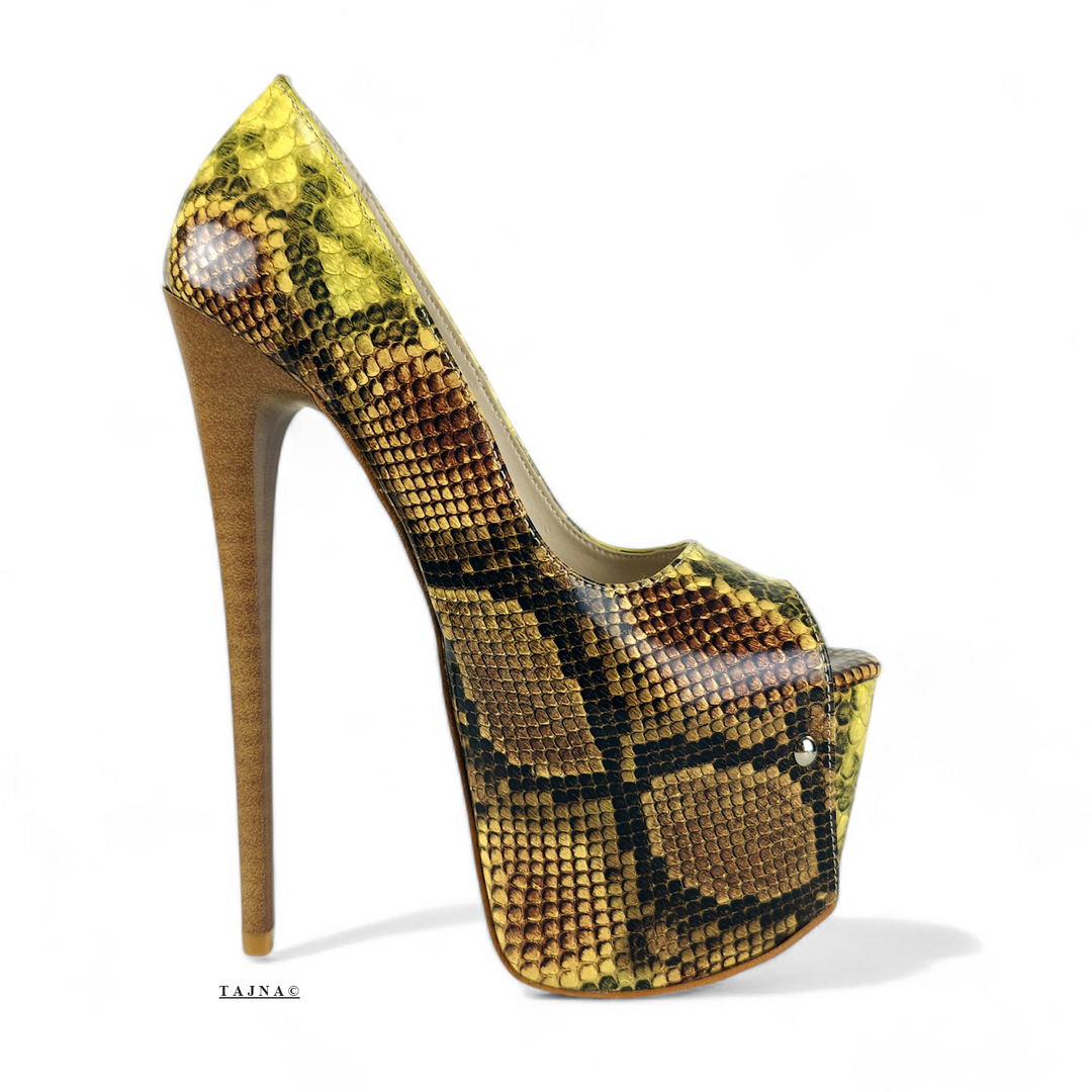 Vegan Mustard Snake Print Pencil High Heel Pumps