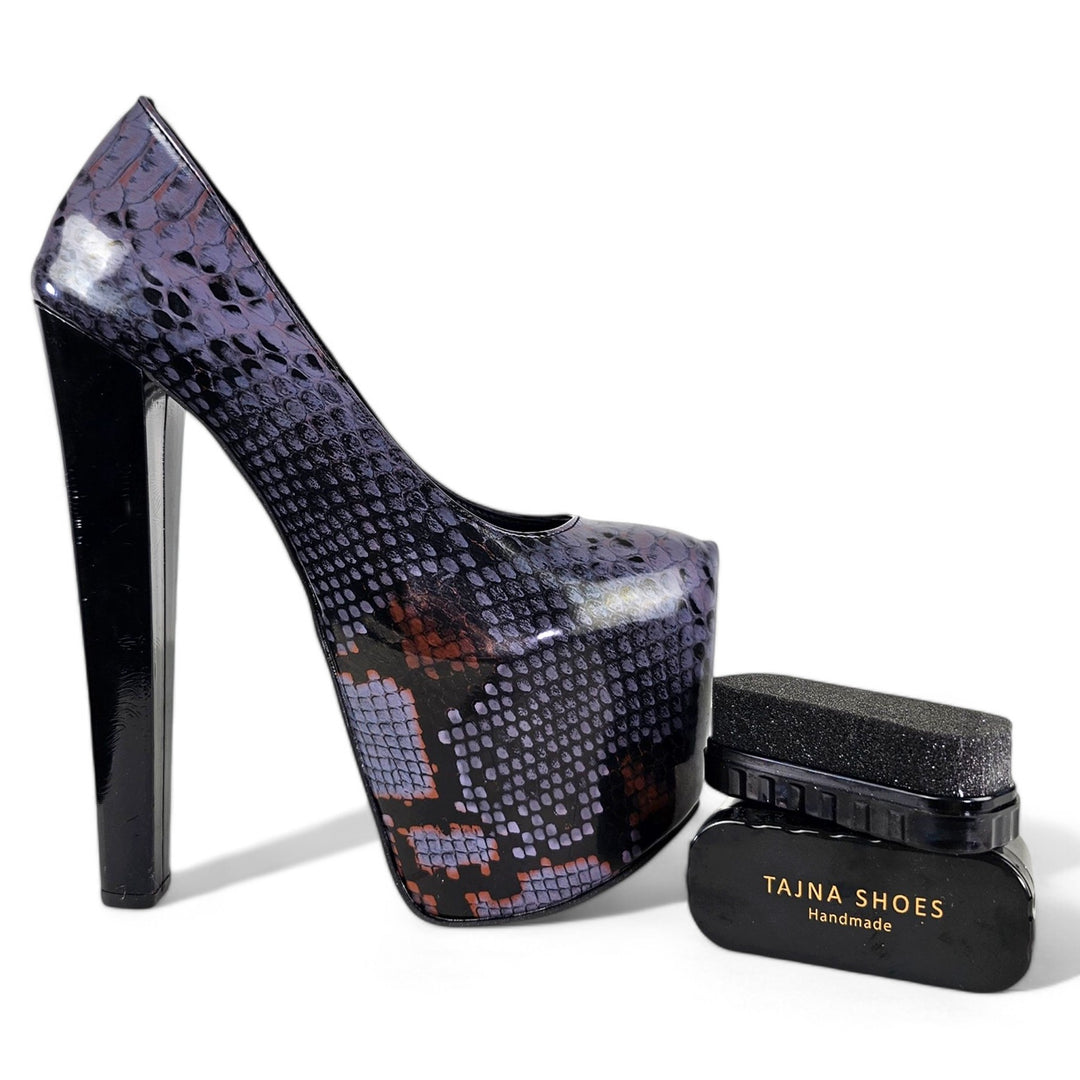 Vegan Dark Purple Gray Snake Print Platform Pumps