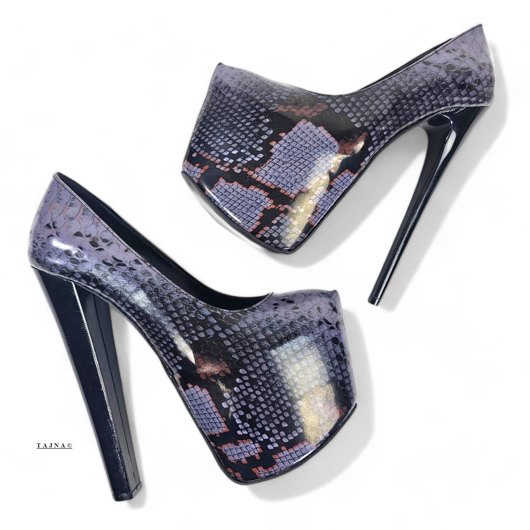 Vegan Dark Purple Gray Snake Print Platform Pumps