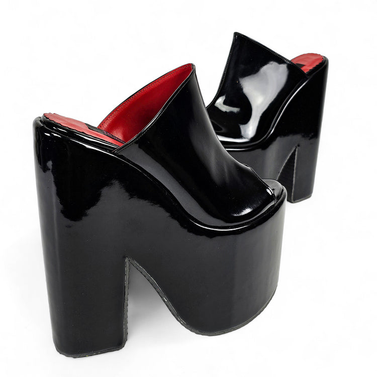 Black Gloss Designer's Heel Platform Wedge Slide Sandals 