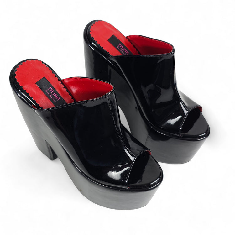 Black Gloss Designer's Heel Platform Wedge Slide Sandals