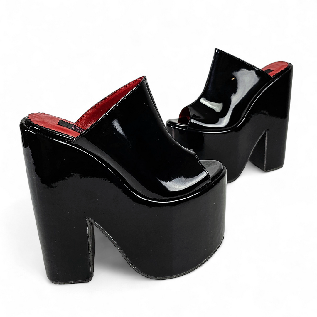 Black Gloss Designer's Heel Platform Wedge Slide Sandals