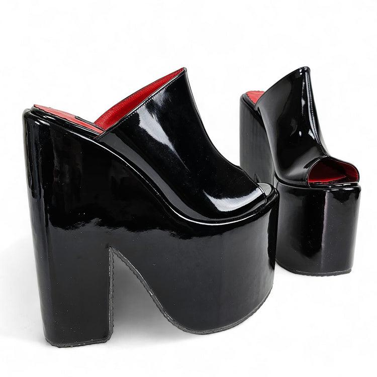 Black Gloss Designer's Heel Platform Wedge Slide Sandals