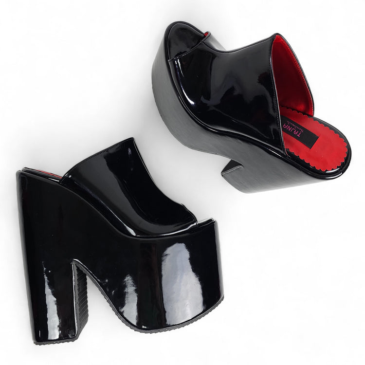 Black Gloss Designer's Heel Platform Wedge Slide Sandals