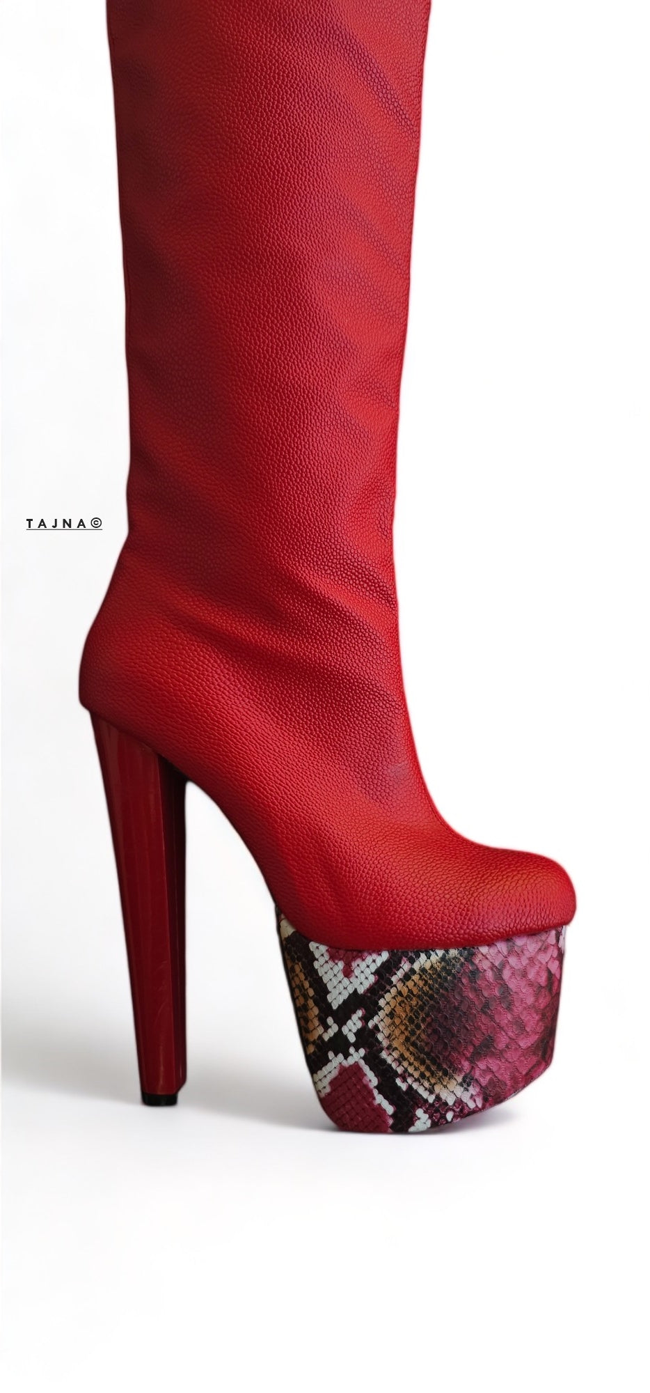 Red Knee High Snake Print Detailed High Heel Boots