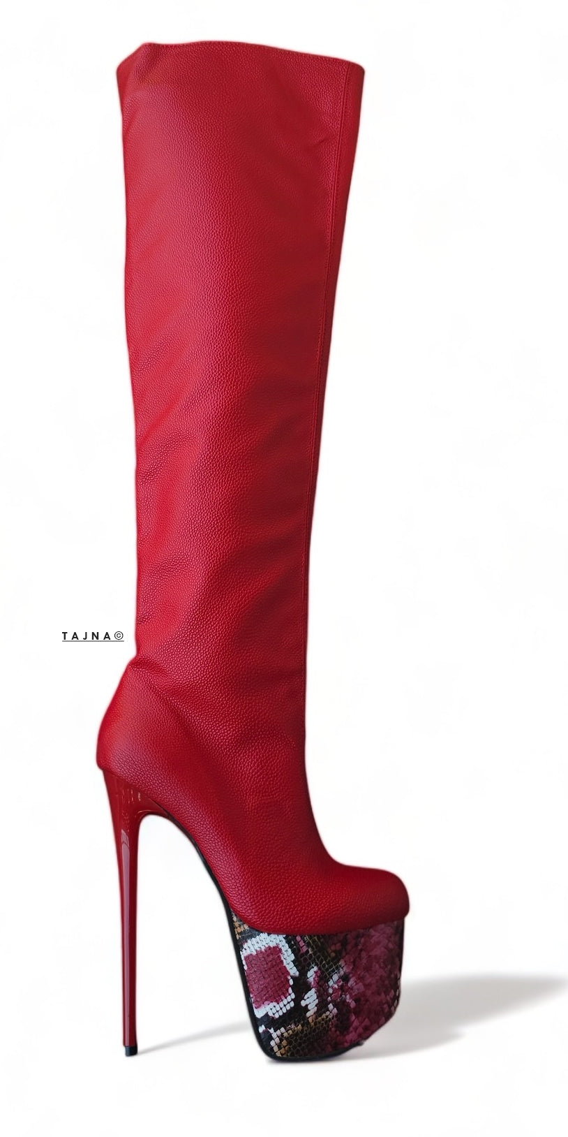 Red Knee High Snake Print Detailed High Heel Boots