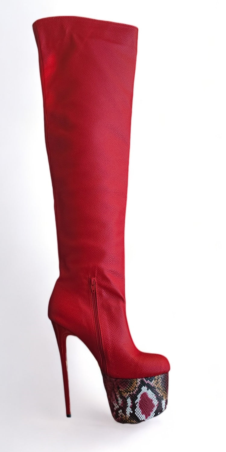 Red Knee High Snake Print Detailed High Heel Boots