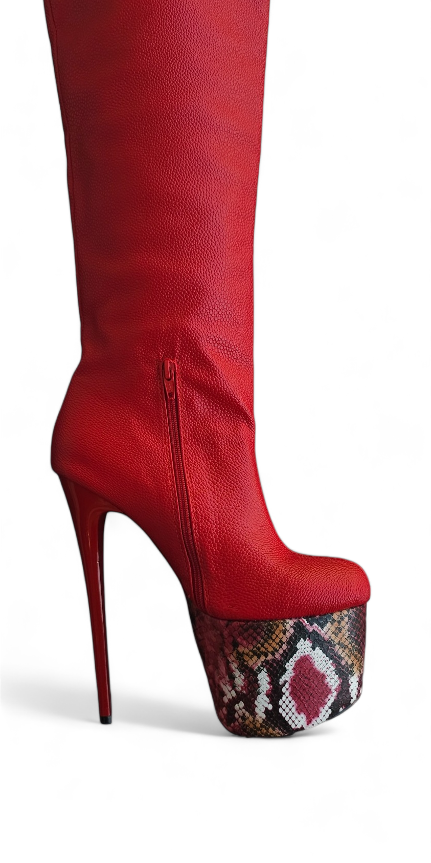 Red Knee High Snake Print Detailed High Heel Boots