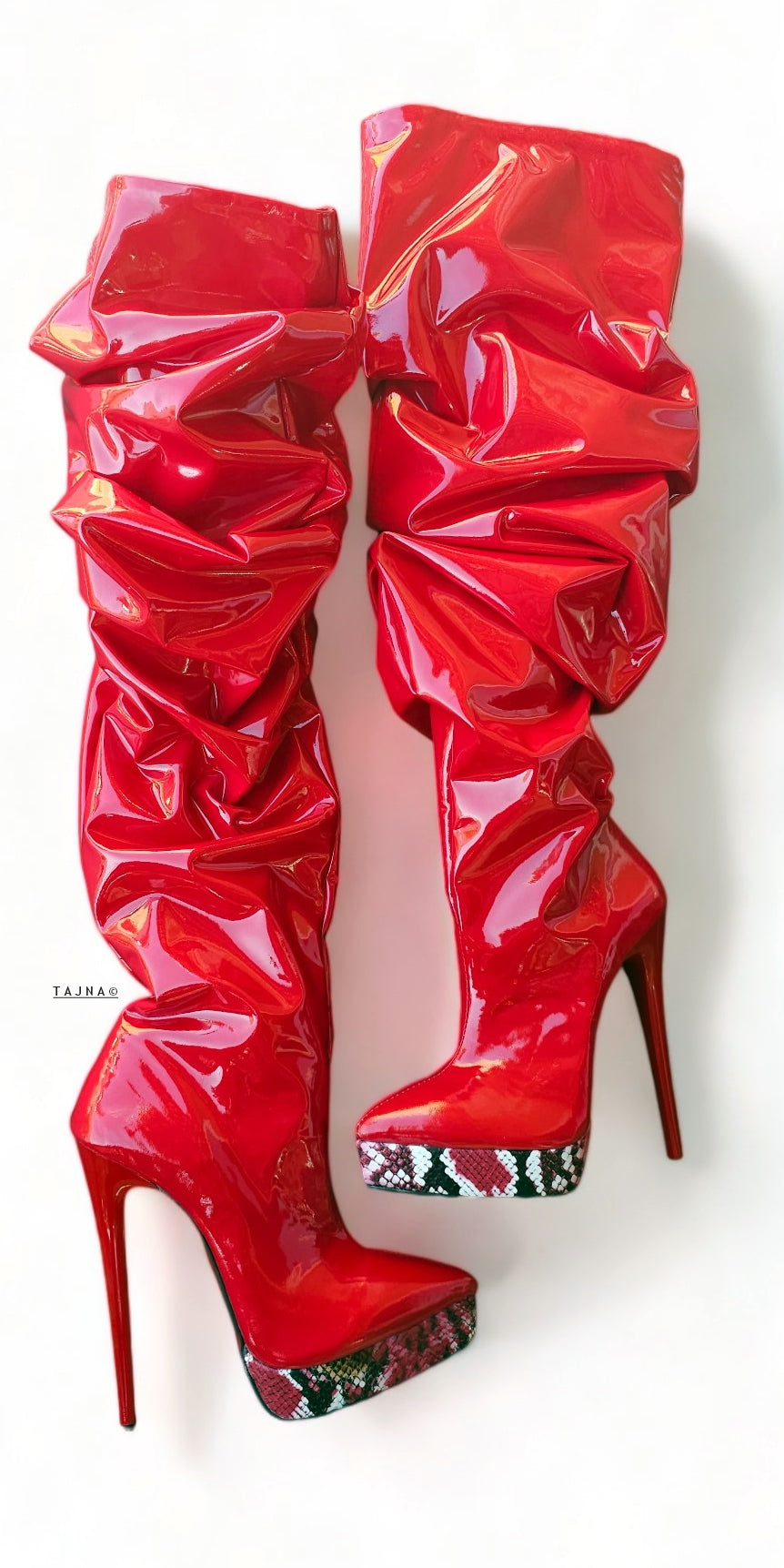 Slouchy Red Gloss Pointy Toe High Heel Boots