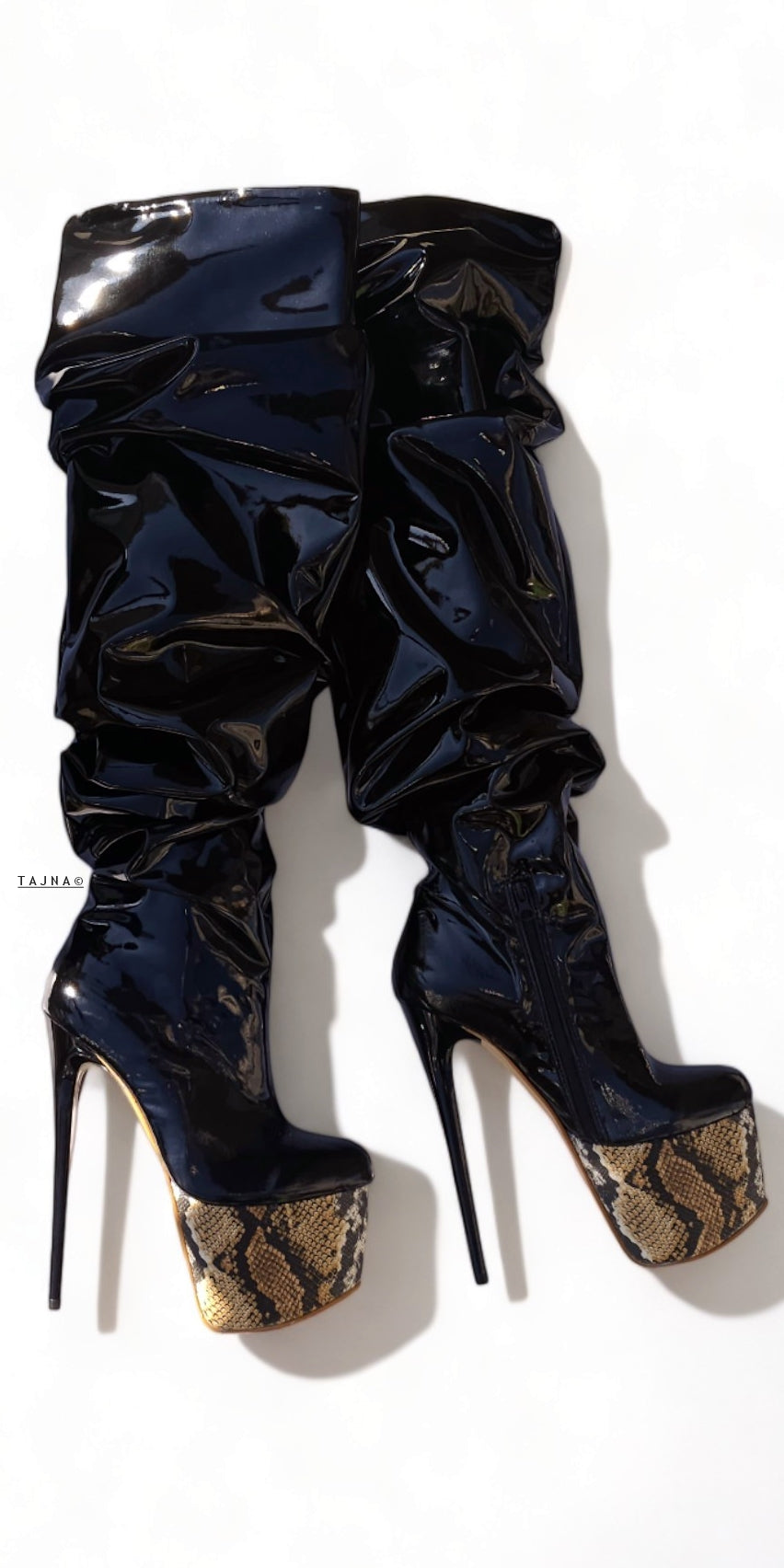 Slouchy Black Gloss Platform High Heel Boots