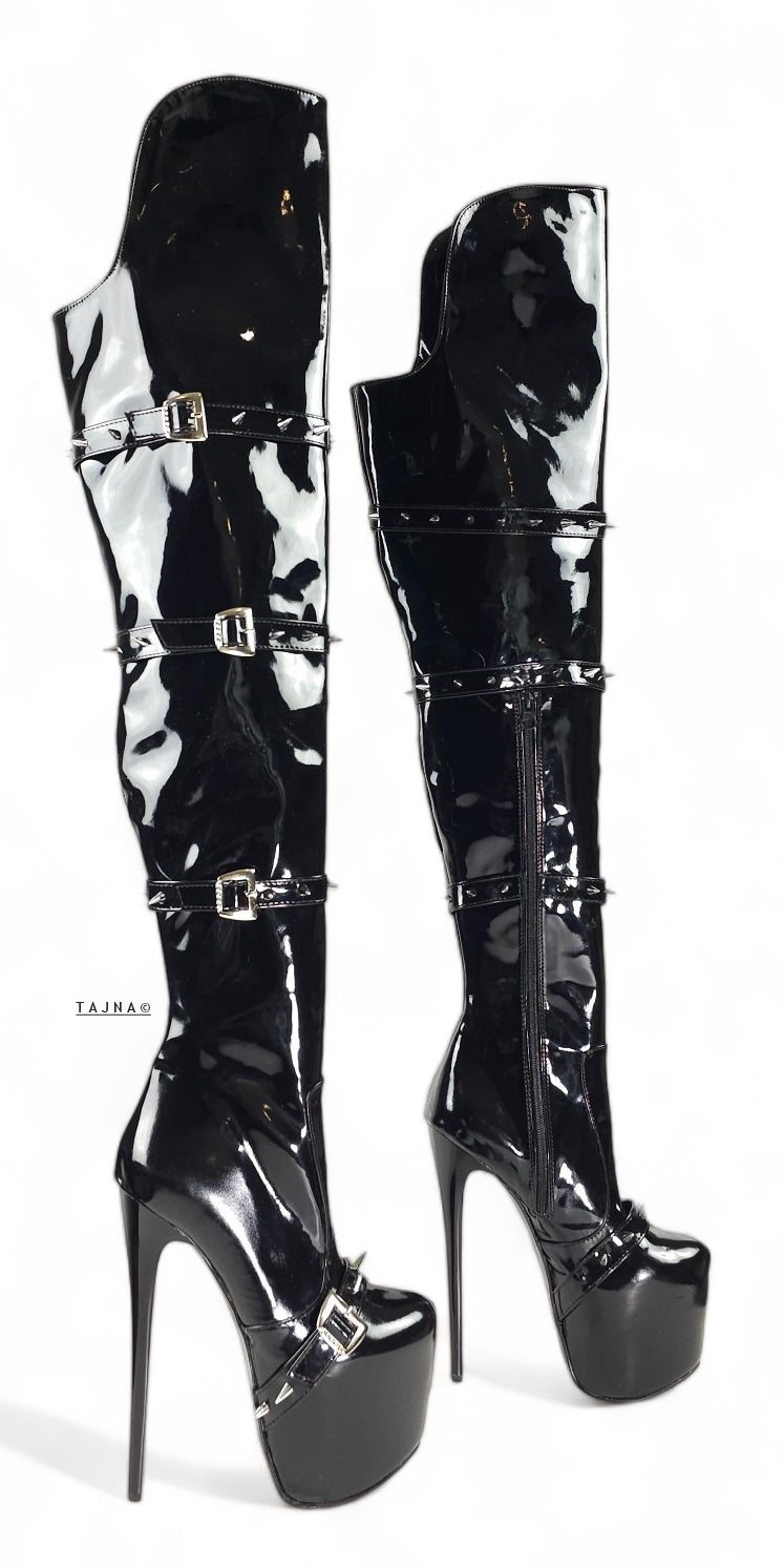 Black Gloss Spike Belted Thigh High Platform Boots – Tajna Club