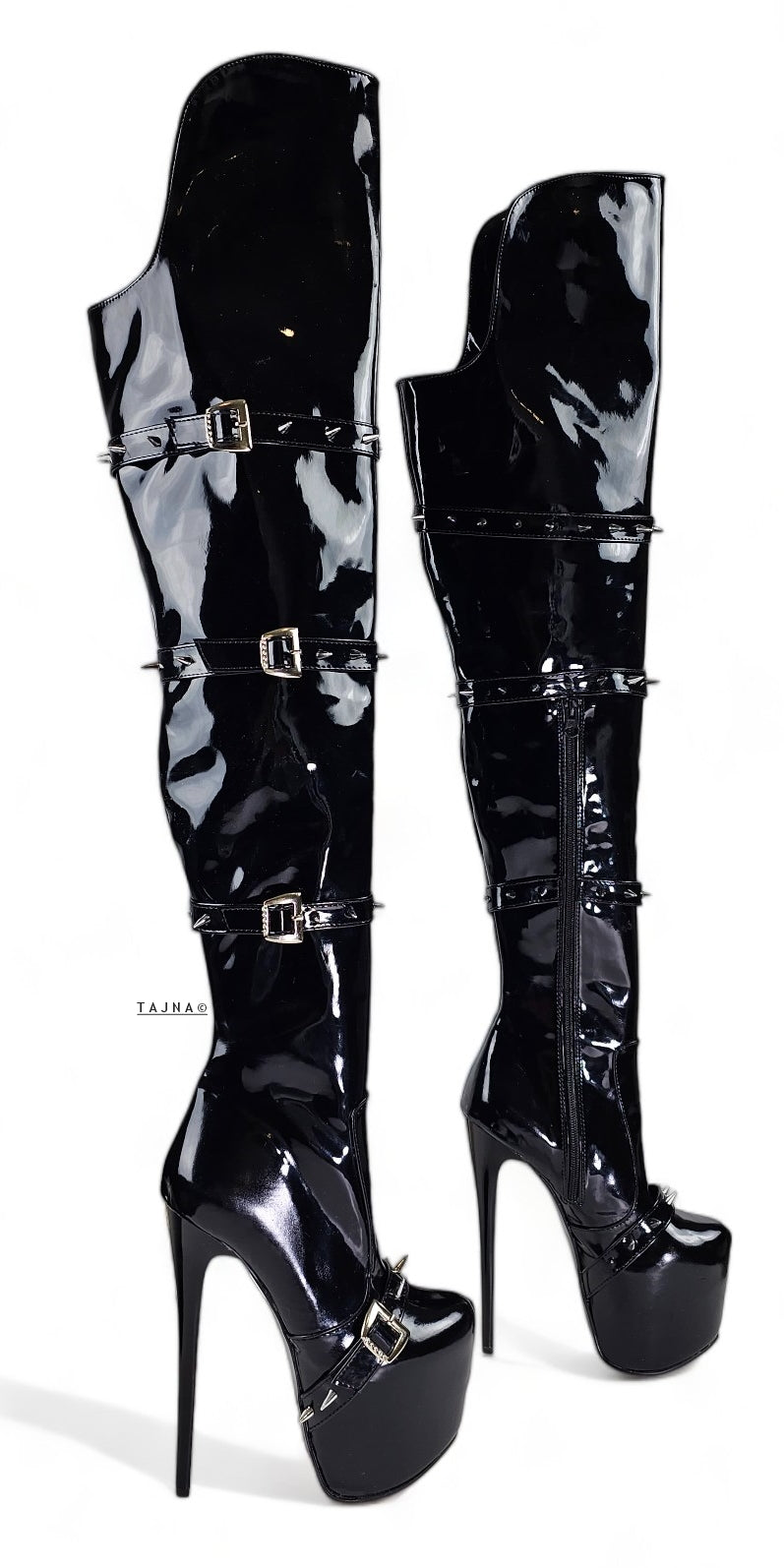 Black Gloss Spike Belted Thigh High Platform Boots