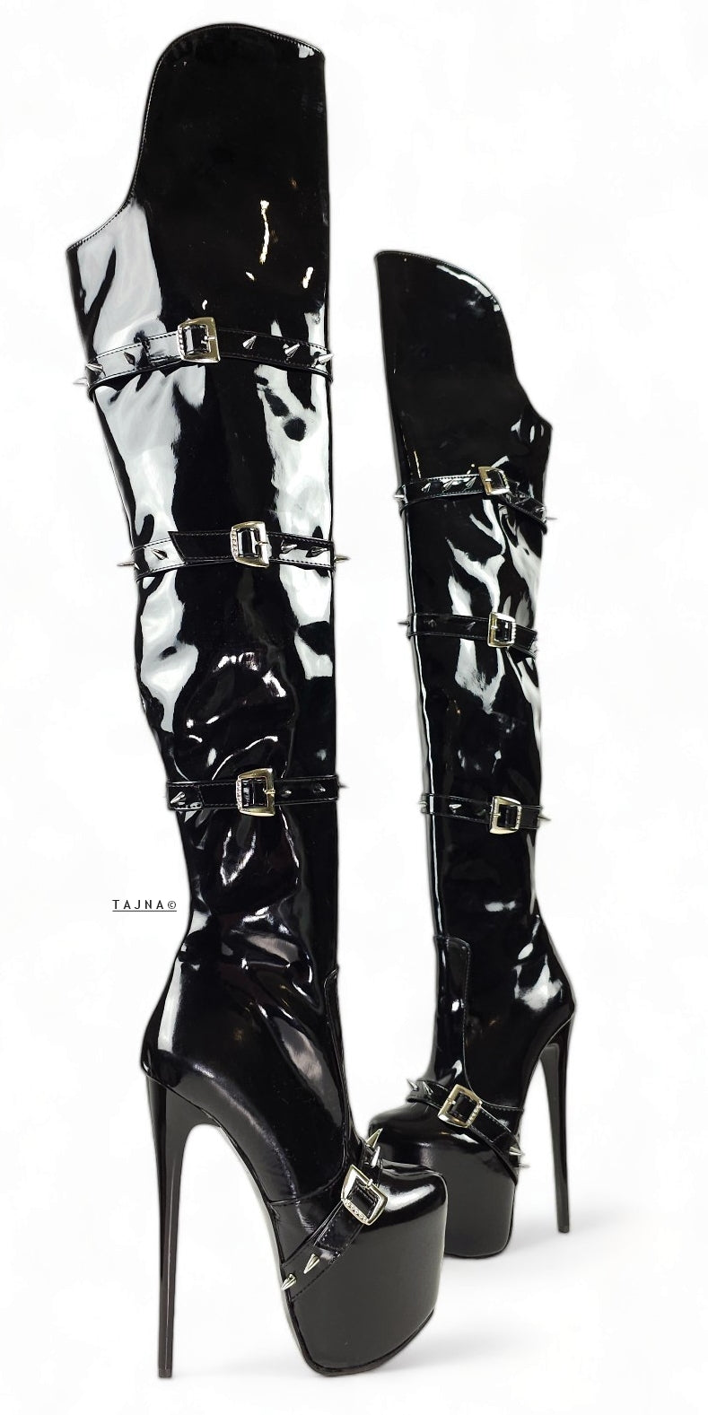 Black Gloss Spike Belted Thigh High Platform Boots – Tajna Club