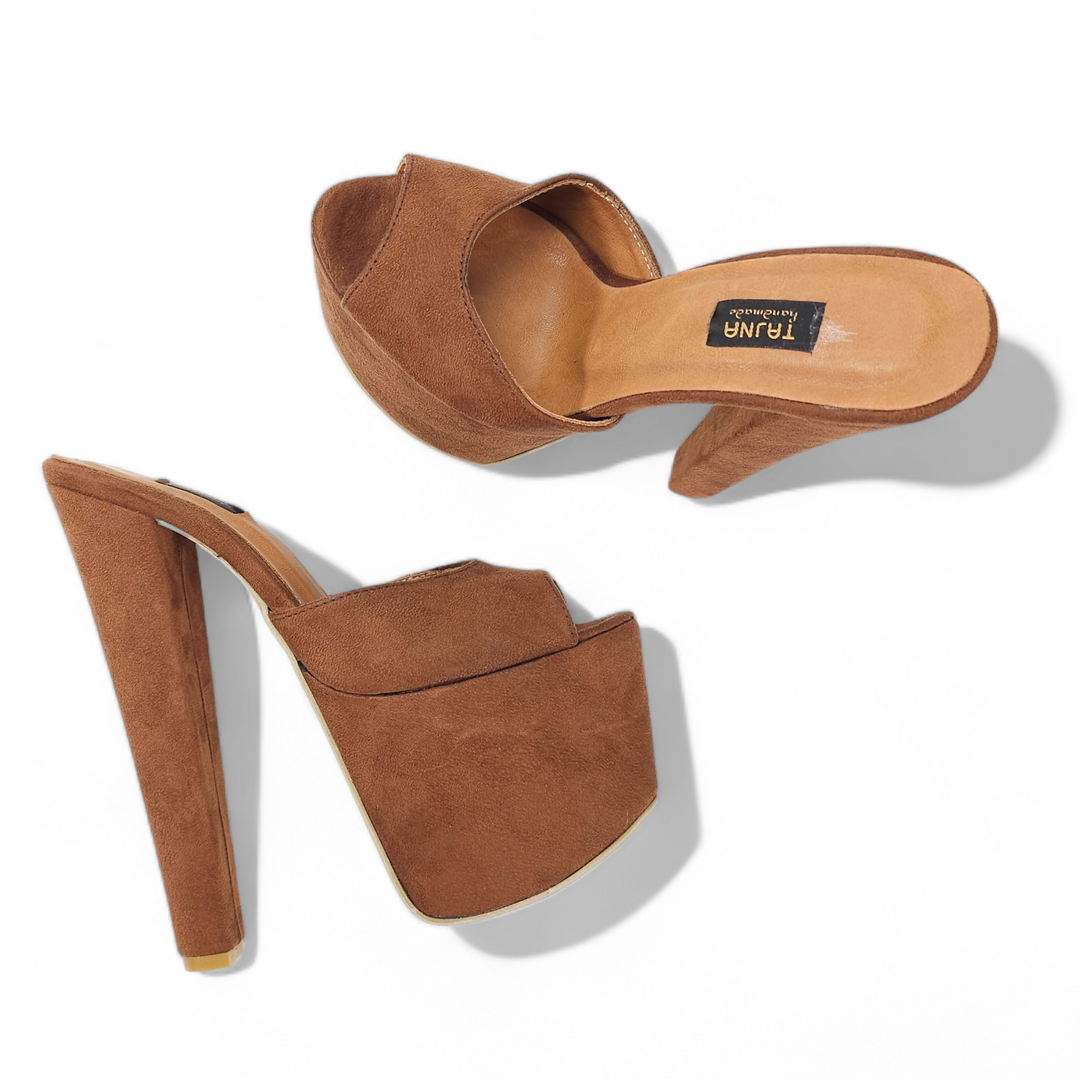 Tobacco Brown Suede High Heel Platform Mules