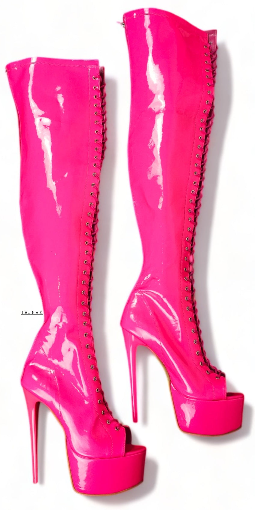 Neon Pink Gloss Over Knee Gladiator Lace Up Boots