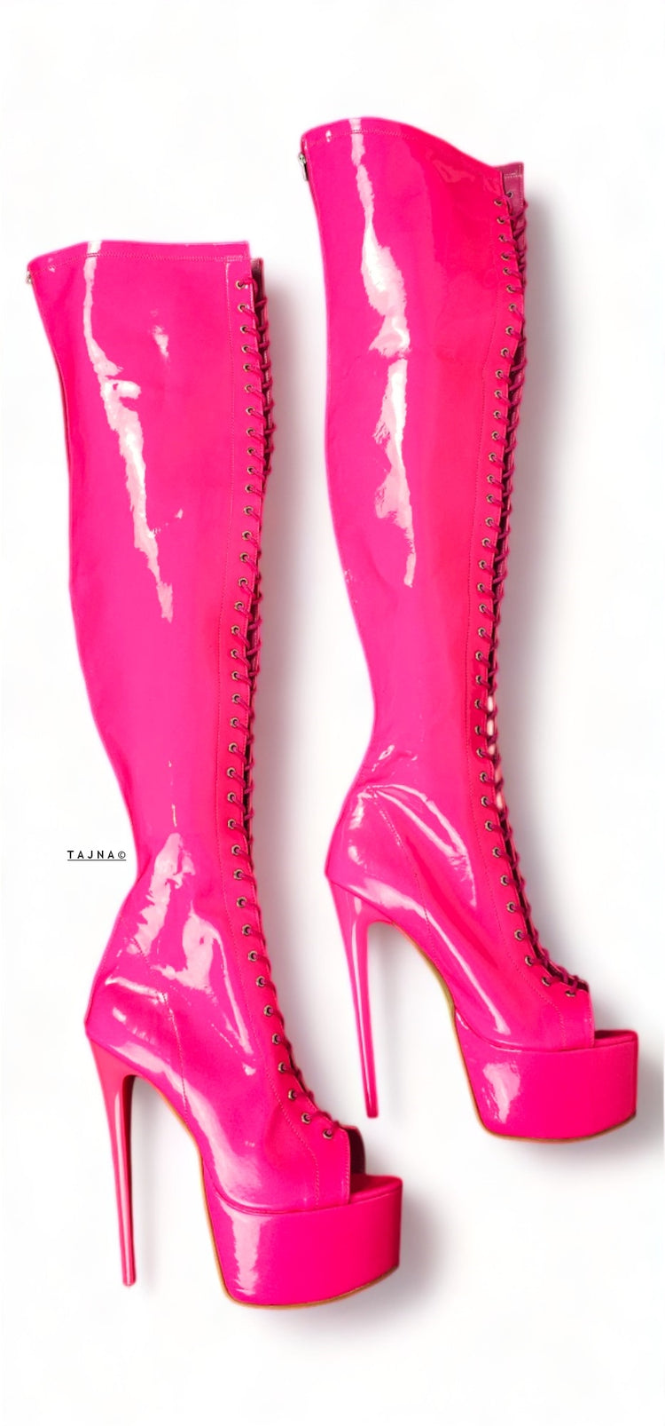 Neon Pink Gloss Over Knee Gladiator Lace Up Boots