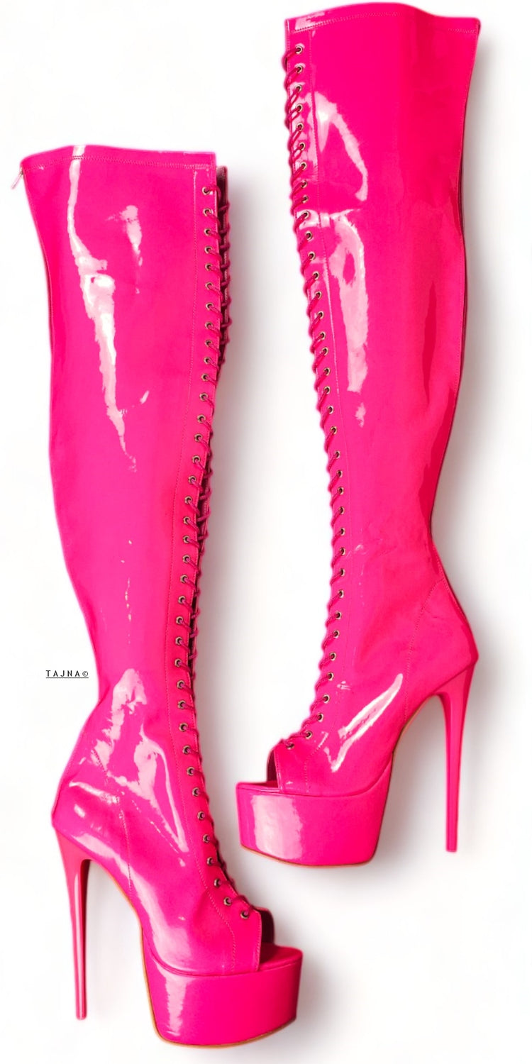 Neon Pink Gloss Over Knee Gladiator Lace Up Boots