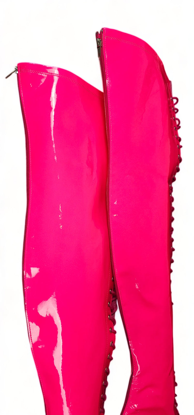 Neon Pink Gloss Over Knee Gladiator Lace Up Boots