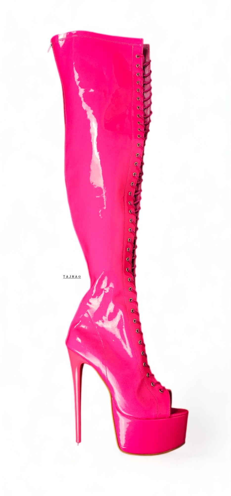 Neon Pink Gloss Over Knee Gladiator Lace Up Boots