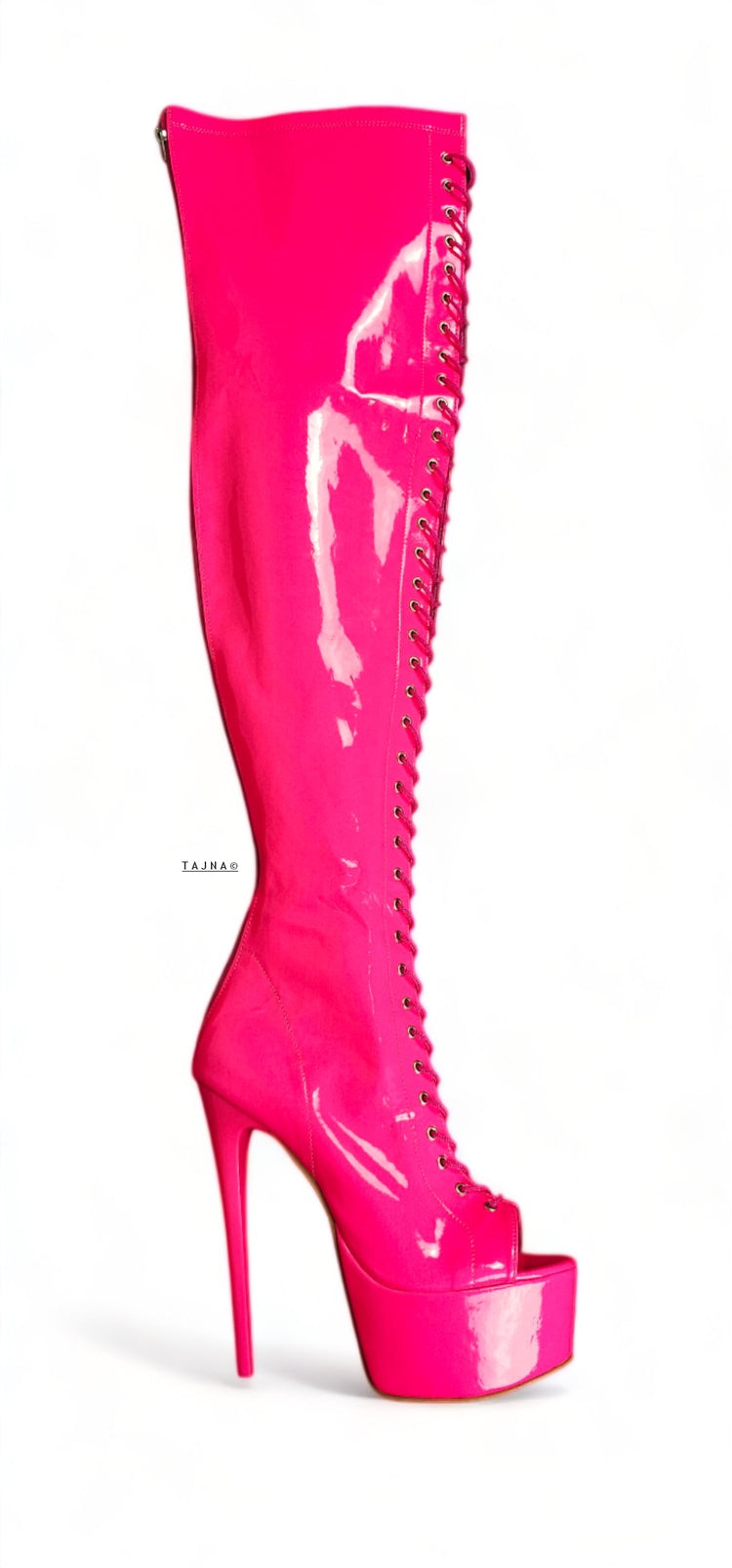 Neon Pink Gloss Over Knee Gladiator Lace Up Boots