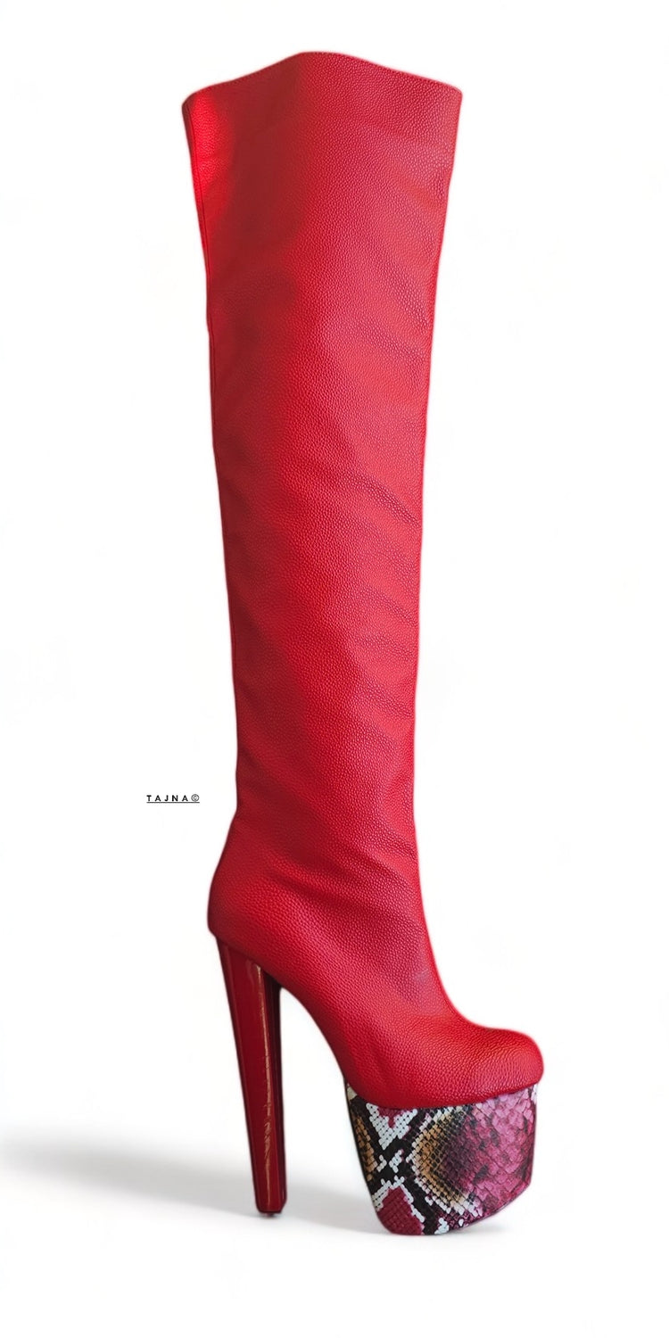 Red Knee High Snake Print Detailed High Heel Boots